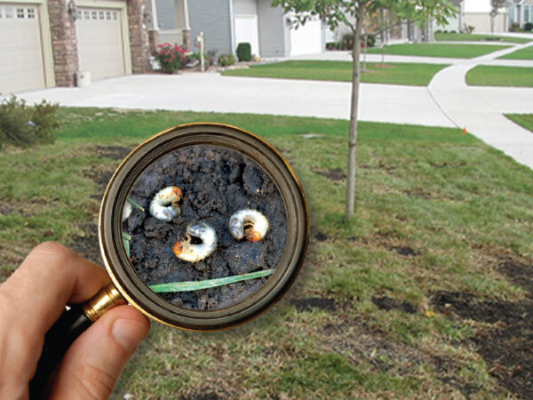 A hand holding a magnifying glass shows white grubs on a residential lawn.